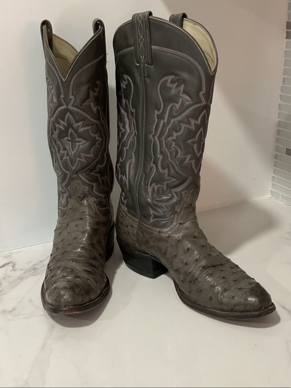 Tony Lama El Rey Gray Full Quill Ostrich Cowboy Boots